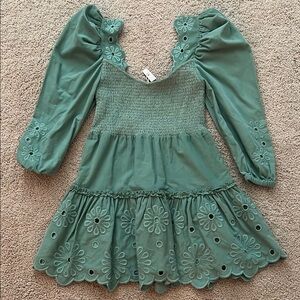 Ollari Corduroy Green Scalloped Long Sleeve Dress NWT